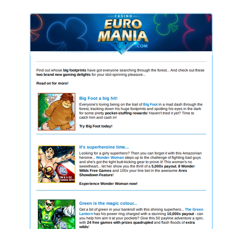Euro Mania new games newsletter screenshot
