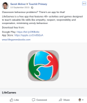 LifeGames Facebook post to teachers groups screenshot