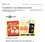 LifeGames launch email to subscribers screenshot
